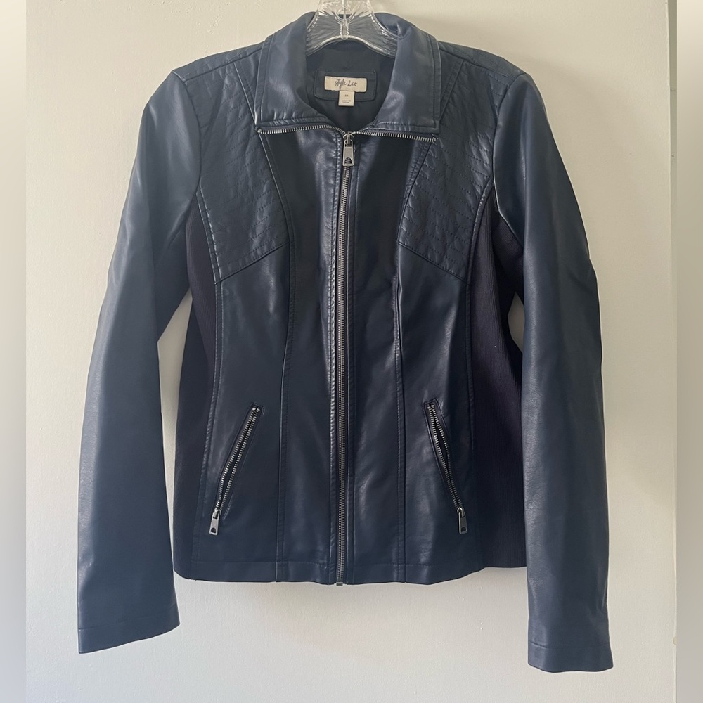 Style & Co. Women’s Faux Leather Zip-Up Jacket Navy XS
